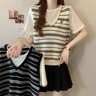 2025 New Summer Fake Two-Piece V Neck Short-Sleeved Versatile Knitwear Women's Large Size Slimming Look Stripesd Top