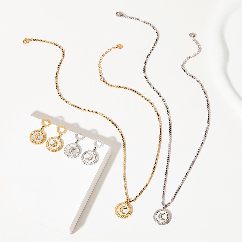 Retro Round Moon Stainless Steel Inlay Shell Earrings Necklace