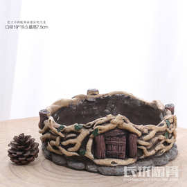 手工仿真彩绘浮雕水泥花盆圆形矮浅多肉植物拼盘DIY造景花台花盆