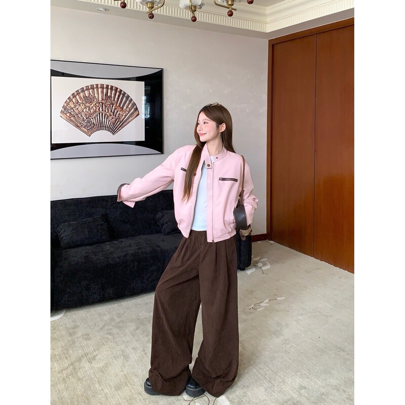实拍粉色短款皮衣外套女秋感小个子机车夹克上衣高腰阔腿长裤套装|undefined