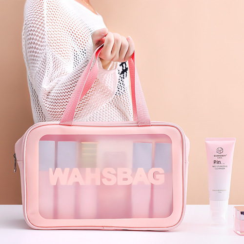 Transparent PU Cosmetic Bag Three-piece Set Toiletry Bag PVC Frosted Semi-Transparent Large-Capacity Bathing Bag Portable Storage Bag