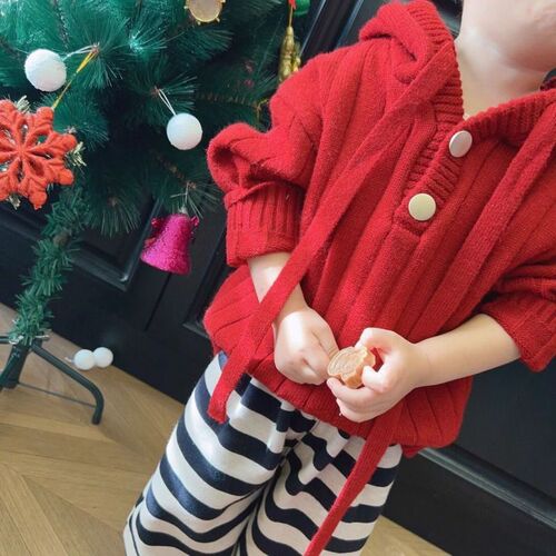 Santa Claus Red Hooded Children's Sweater Autumn and Winter New Warm Outerwear for Boys and Girls Knitted Top for Babies