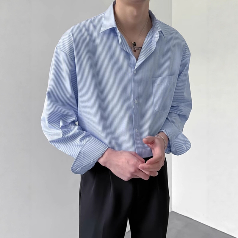 Shirts for Men Korean Style Fashionable Blue Striped Long-Sleeved Shirts Casual Versatile and Durable Lapel Jacket Tops Wholesale Shirts for Men Korean Style Fashionable Blue Striped Long-Sleeved Shirts Casual Versatile and Durable Lapel Jacket Tops Wholesale
