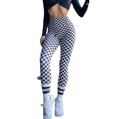 Checkerboard fitness yoga trousers for women, high-waisted, tight-fitting, running sports and casual wear, nude feel, high elasticity, buttocks display, breathable