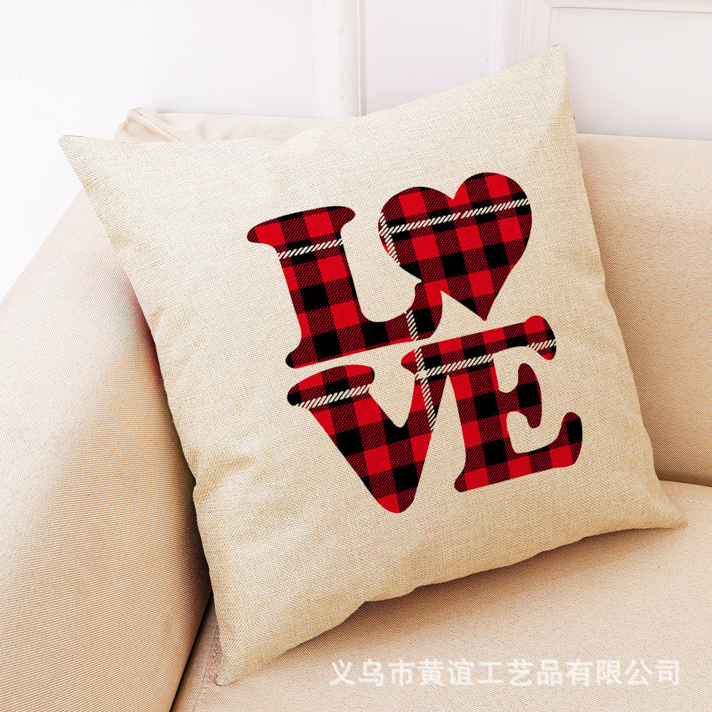 wish 亚马逊新款格子情人节棉麻抱枕套 汽车抱枕家居沙发靠垫批发