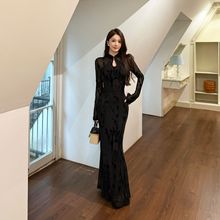 2025新款新中式针织改良旗袍女早秋蕾丝拼接长袖修身连衣裙XS2522
