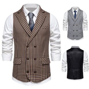 Cross-border Foreign Trade European Size Men's Double-breasted Gun Barge Collar Vest Classic Plaid Colorblock Men's Suit Vintage Vest