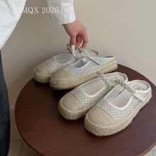 包头半拖鞋女夏季外穿亮片懒人凉拖2026新款网面镂空玛丽珍渔夫鞋
