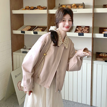 粉色蕾丝拼接polo领机车皮衣夹克女早春新款小个子休闲显瘦短外套