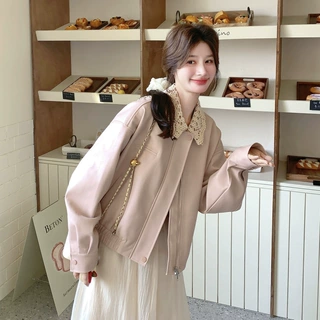 粉色蕾丝拼接polo领机车皮衣夹克女早春新款小个子休闲显瘦短外套