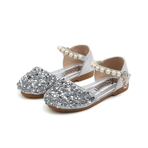 Children's small leather shoes for girls, performance shoes, silver princess shoes, spring sparkling girls' shoes, crystal sparkles shoes