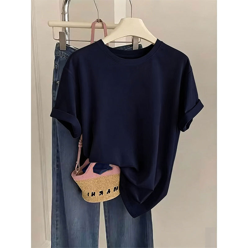 Navy Blue Pure Cotton Short-Sleeved T-Shirt for Women Spring and Summer 2026 New Style Loose Casual Slimming Look T-Shirt Bottoming Shirt Top