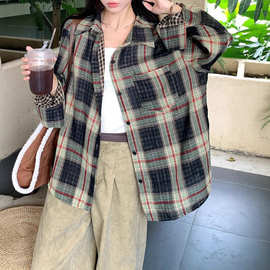 复古格子长袖衬衫外套女早秋休闲防晒开衫衬衣宽松慵懒中长款上衣