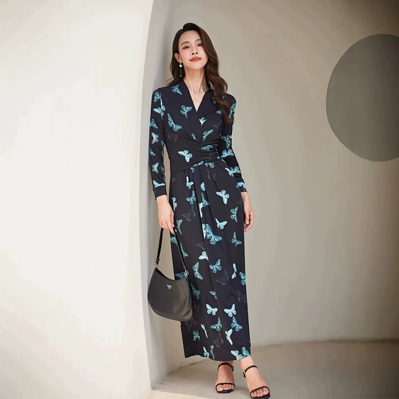 2026 New Stylish and Elegant Blue Butterfly Print Long-Sleeve Dress for Women, V-Neck Slim-Fit Pullover Wrap Dress