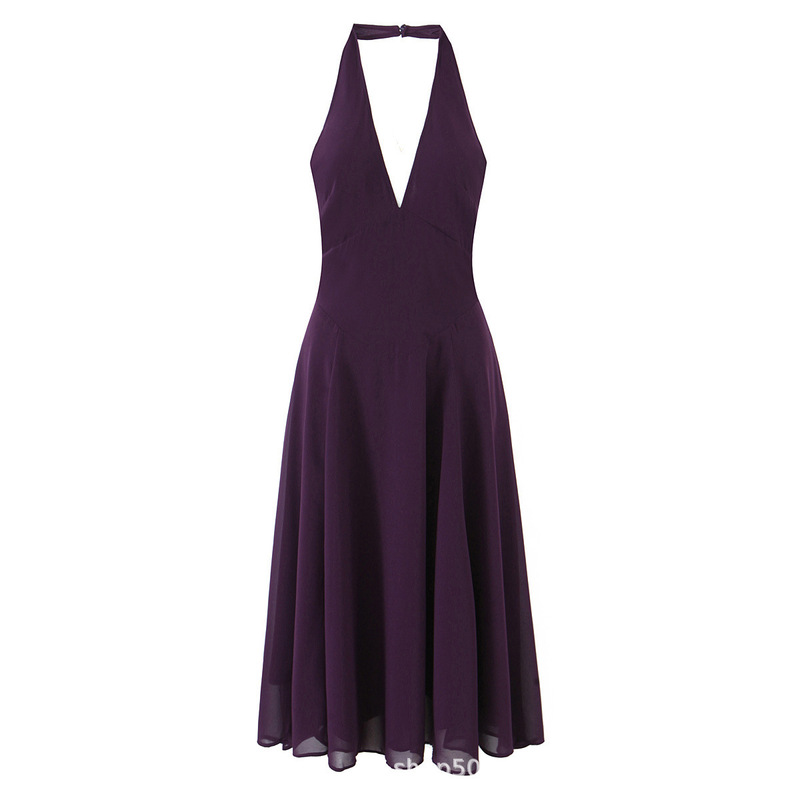 European and American Style French Romantic and Elegant Purple Elegant Sexy Deep V Backless Halterneck Waist Dress Sundress