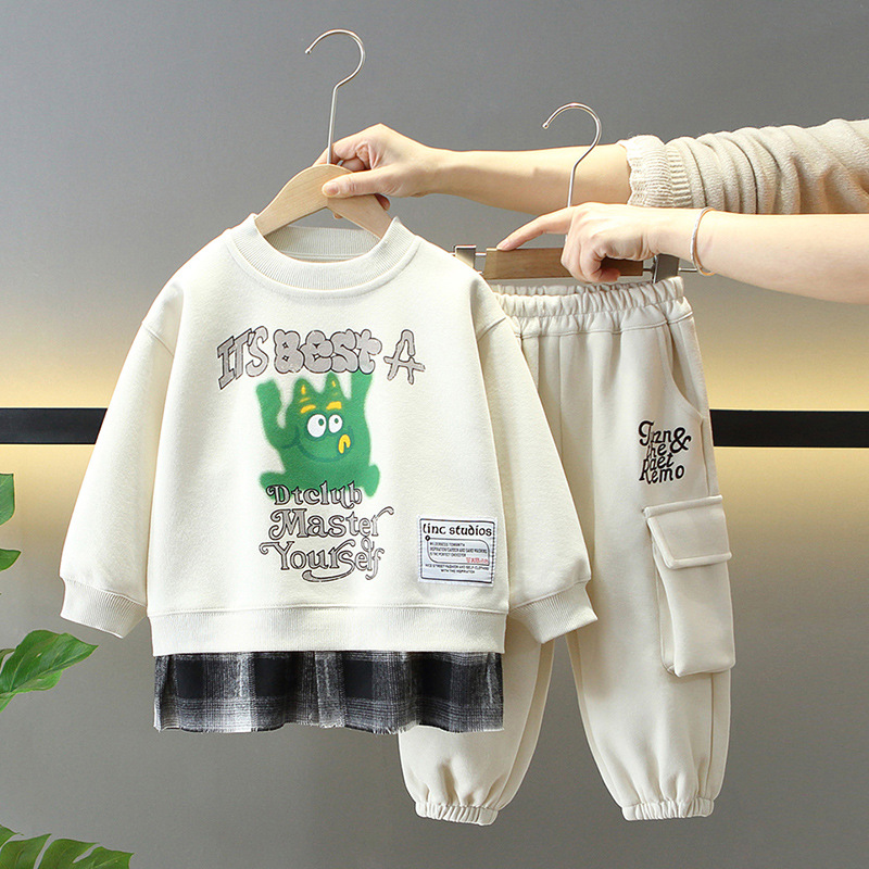 7676 Traje para niños para niños Primavera y otoño 2025 Nuevo suéter de primavera para niños de dos piezas Moda suelta Versión coreana