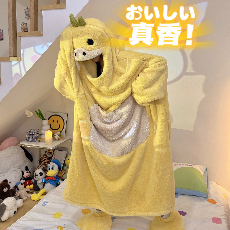 Peces feos pijamas de lana de coral de las mujeres Otoño e Invierno engrosada cálida franela con capucha camisón de invierno de longitud media homewear