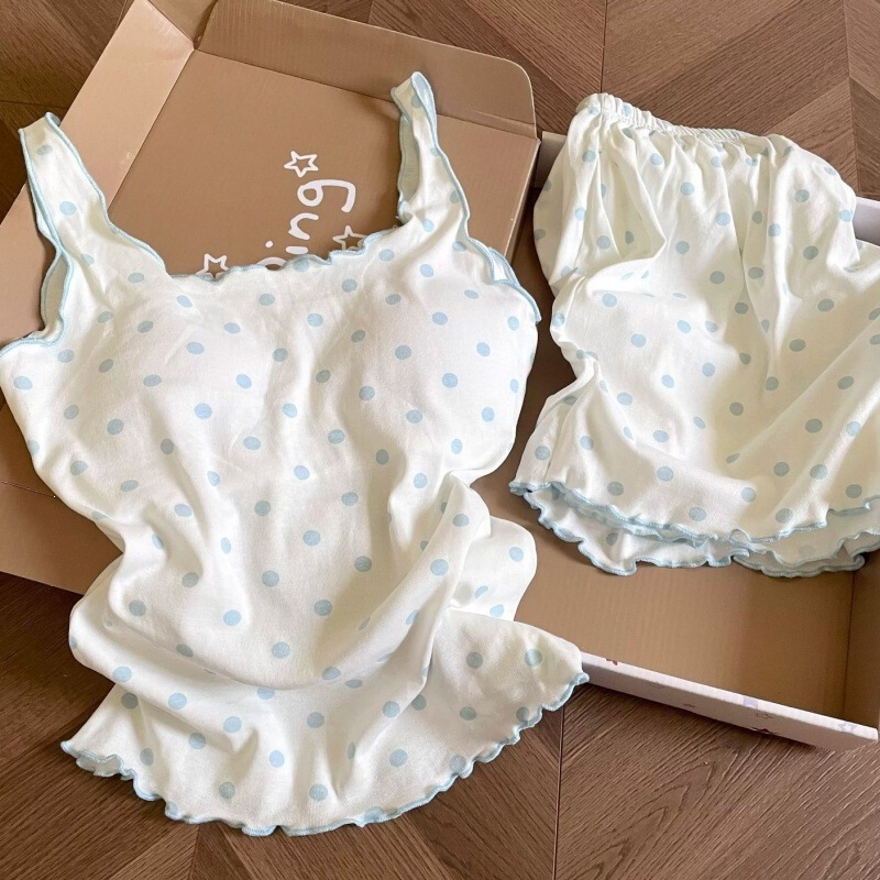 Modal Padded Camisole Pajamas for Women, Polka Dot Tank Top and Shorts, Korean Style, Sweet Summer Plus-Size Loungewear Set Modal Padded Camisole Pajamas for Women, Polka Dot Tank Top and Shorts, Korean Style, Sweet Summer Plus-Size Loungewear Set
