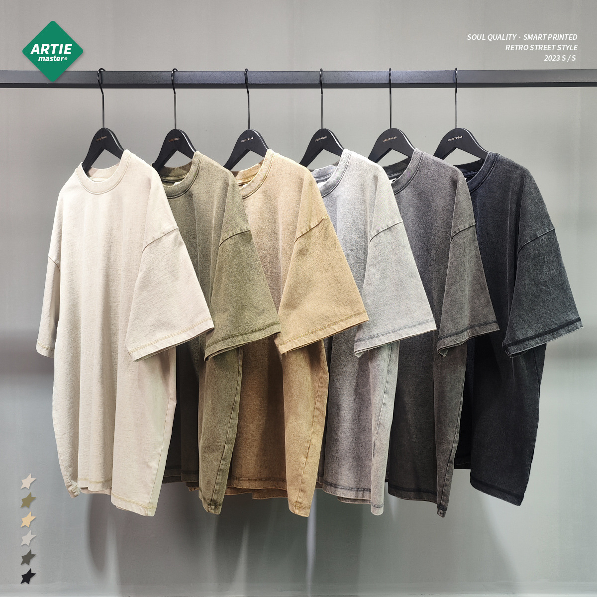 ARTIE hombre primavera retro apenado artesanía High Street lavado manga corta marca de moda suelta pequeño escote batik camiseta