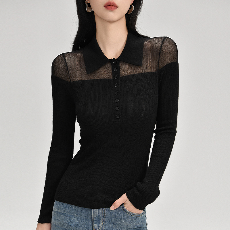 2026 Spring New Style Semi-Transparent Off-Shoulder Half-Open Front Placket Merino Wool Pullover Polo Collar Knitwear for Women