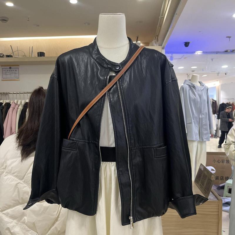 2025早春新款时尚立领PU皮衣外套女宽松显瘦百搭休闲夹克上衣黑色|undefined