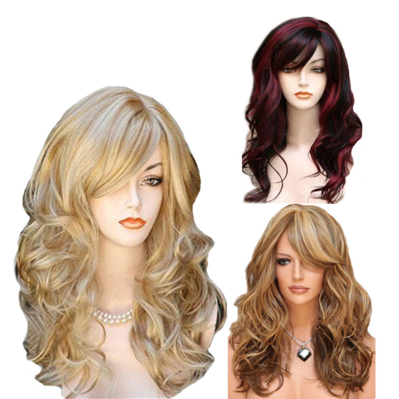 Popular European and American High-Temperature Resistant Synthetic Full Wig with Side Bangs, Large Wavy Curls, and Highlighted Red Gradient