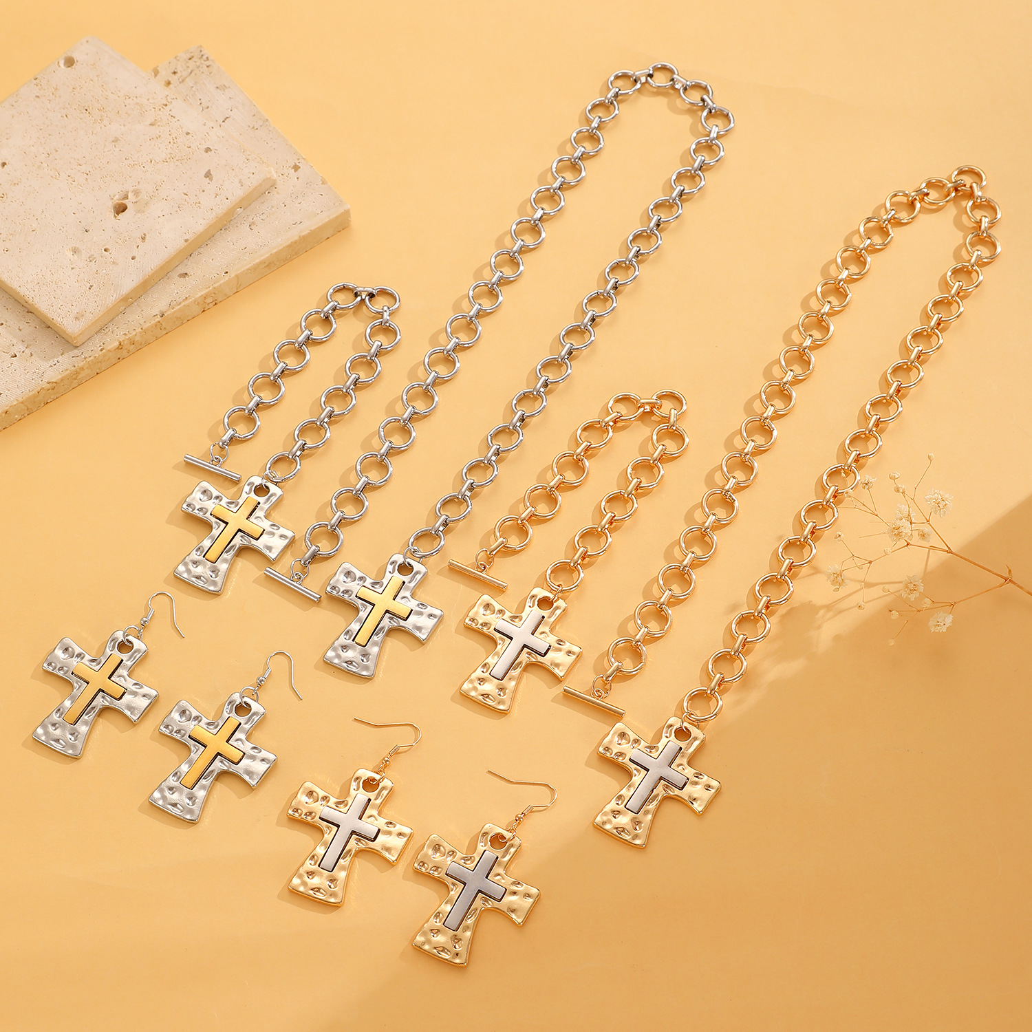 Punk Circular Cuban Chain Earrings With Cross Pendant Minimalist_voghion.com