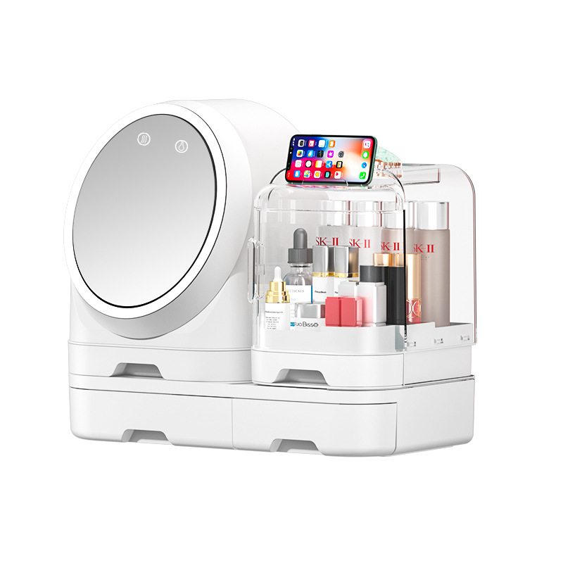 Caja de Almacenamiento para Cosméticos de Alta Gama, con Espejo y Ventilador Multifuncional a Prueba de Polvo