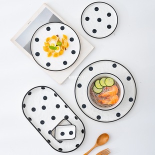 Polka Dot High-Value Deep Plate Personalized Western Food Plate Hepburn Flavor Dish Plate Eating Bowl Ceramic Tableware Creative Cartoon