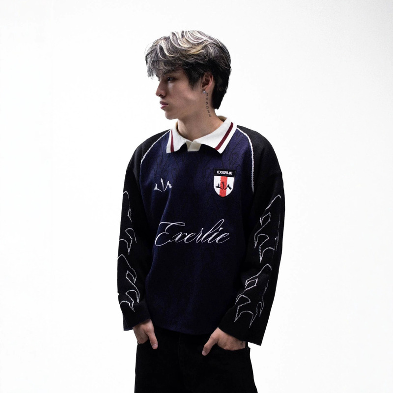Retro Rugby Polo Collar Knit Sweater, Patchwork Jacquard, Short Length, Drop Shoulder, Loose Street Style Cross-Border Knitwear Retro Rugby Polo Collar Knit Sweater, Patchwork Jacquard, Short Length, Drop Shoulder, Loose Street Style Cross-Border Knitwear