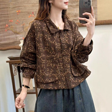 新品文艺复古棉质双层数码印花翻领单排扣长袖外套开衫女