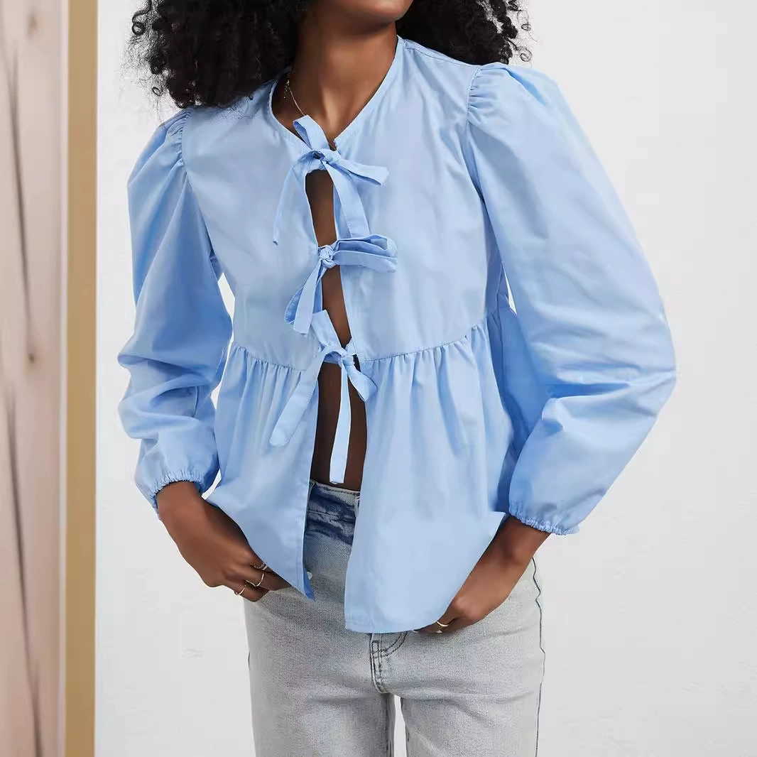Трансграничная женская оптовая европейская и американская весна лето новый свободный сладкий бант шнуровка рубашка с длинными рукавами топ