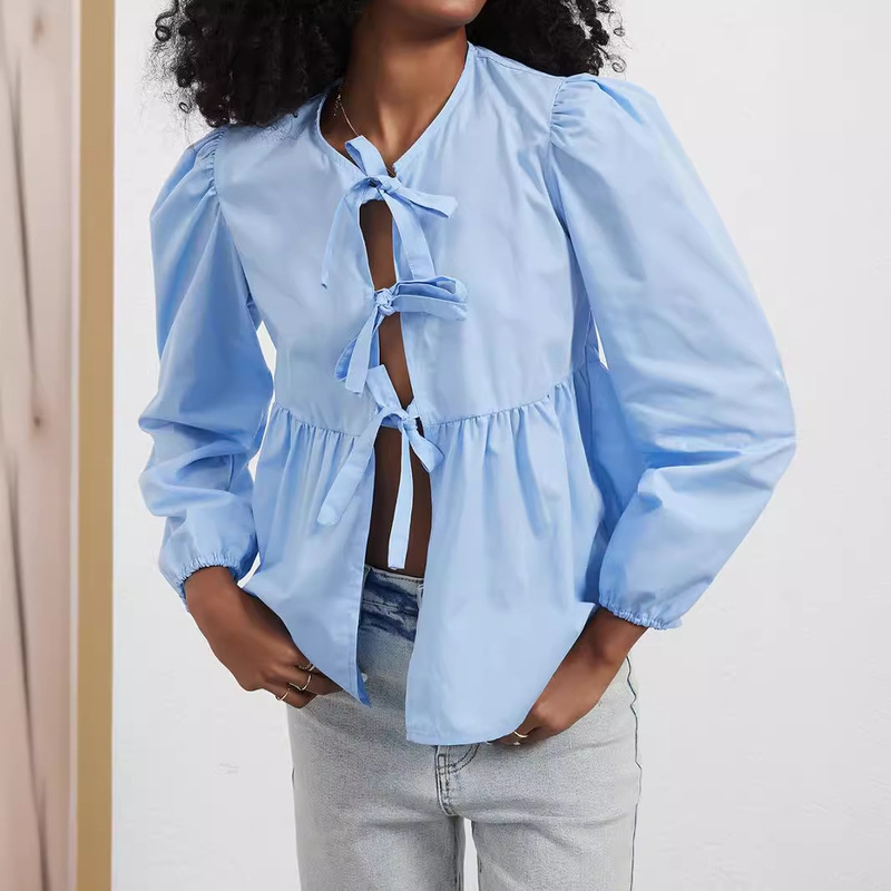 Cross-border women's clothing wholesale European and American wind spring summer new loose sweet bow lace long sleeve shirt top