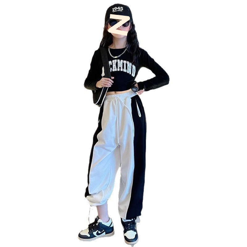 女童秋装长袖T恤哈伦裤两件套2025新款中大童爵士舞舞蹈服套装潮|undefined
