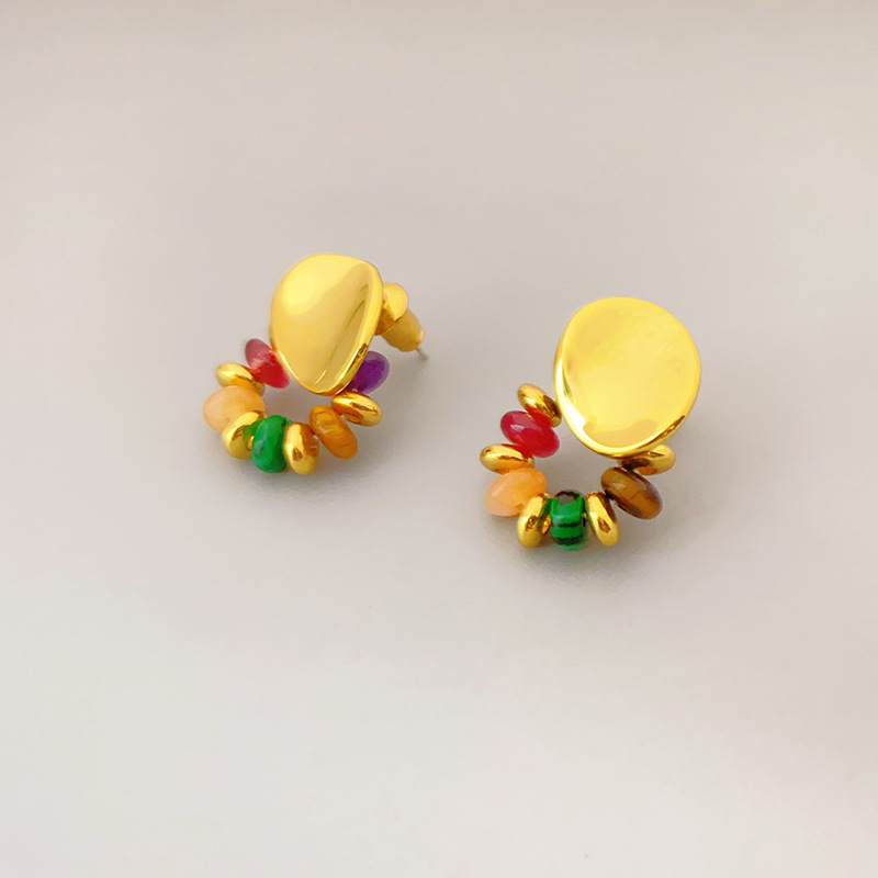 法式新款時尚天然石串珠銅鍍18K真金個性925銀針輕奢小眾耳釘批發