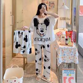 pajamas跨境夏 睡衣女牛奶丝三件套卡通外贸家居服短袖长裤可爱款