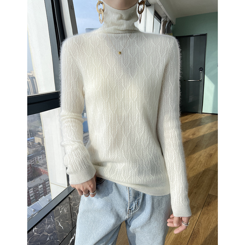 Elegant hollow-out pure cashmere women's 2023 autumn and winter pullover turtleneck knitted bottoming shirt with pile collar sweater