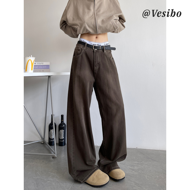 American Style Wash and Dye Brown Jeans Men's Winter Fashion Brand cleanfit Wide Leg Pants High Street All-match Casual Loose Pants