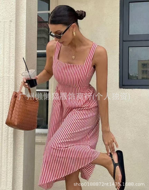 2025新款欧美跨境亚马逊女士条纹无袖时尚休闲连衣裙|undefined