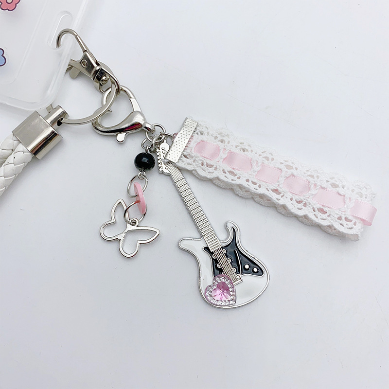 Japanese sweet girl pink lace ribbon guitar beaded butterfly love keychain pendant niche jewelry fashion