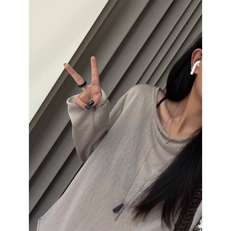 Women's T-Shirt Top, Same Style as on Xiaohongshu, 2026 Summer Thin Loose Tencel Blouse with Snowflake Texture, Slightly Sheer Long Sleeves