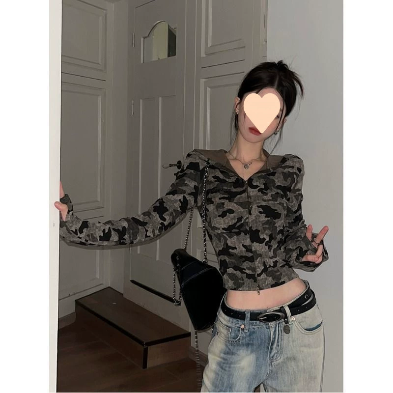 У камуфляж с длинным рукавом, худи, осенняя приталенная короткая куртка на молнии, американский стиль
