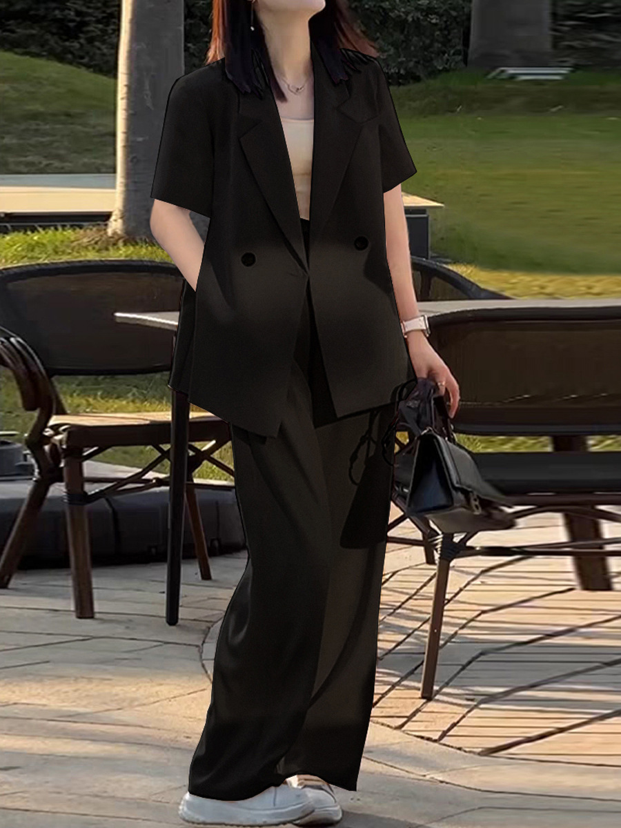 Women's Clothing Summer thin suit wide leg pants suit women's large size women's clothing fat MM 200 pounds loose short sleeved suit jacket_voghion.com