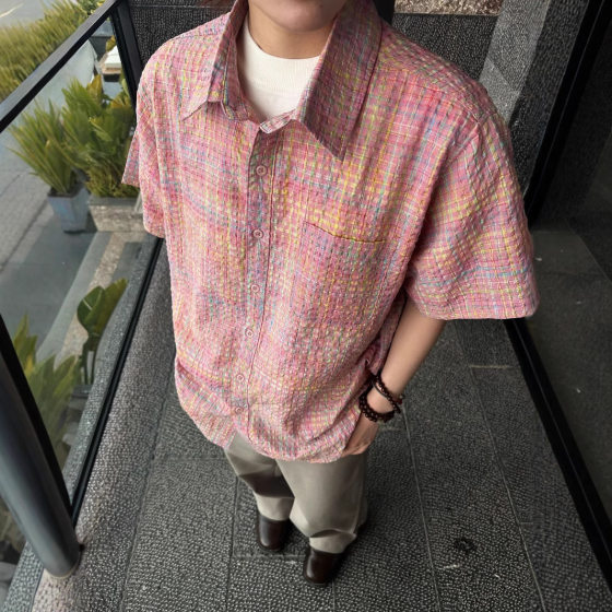 MADEEXTREME Dipan Yarn-dyed Plaid Sauersucker Cross Yuk Loose-fit Short-sleeved Shirt for Summer
