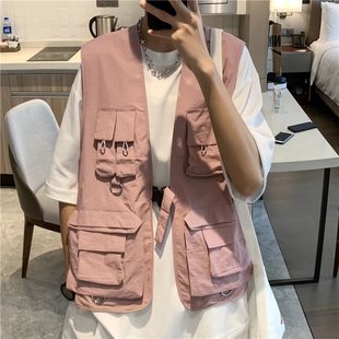 Japanese fashion brand ins rap function tactical vest multi-pocket workwear vest waistcoat men's and women's pink coat