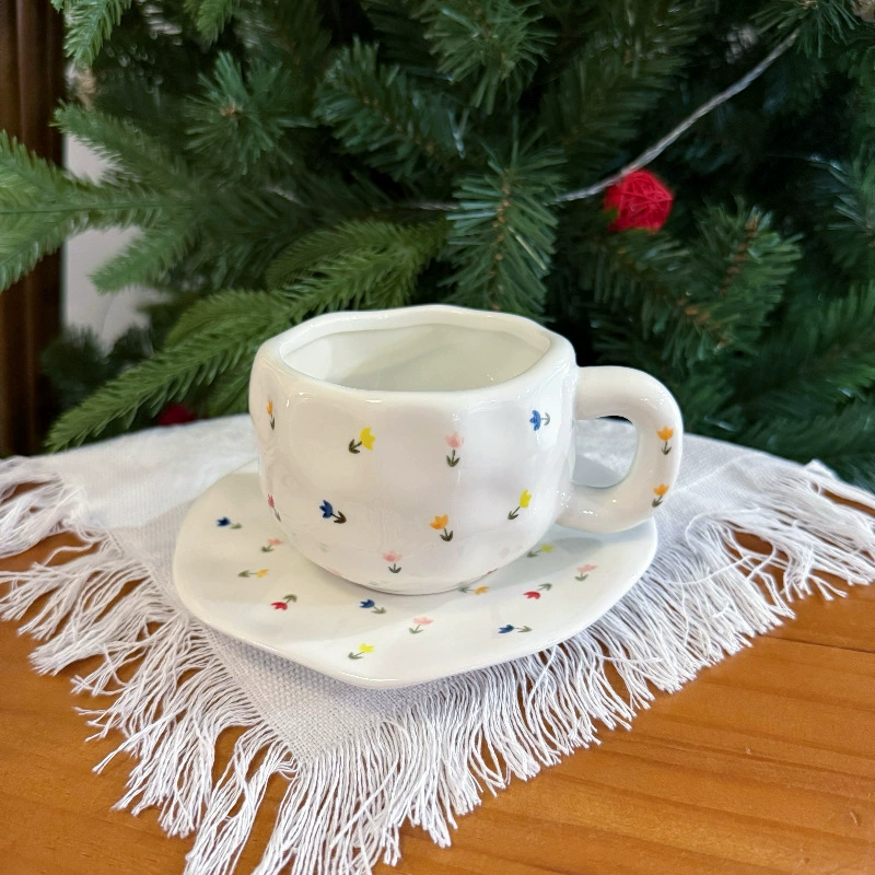 Ceramic coffee cup set INS Japanese retro, hand-painted irregular saucer, vintage style