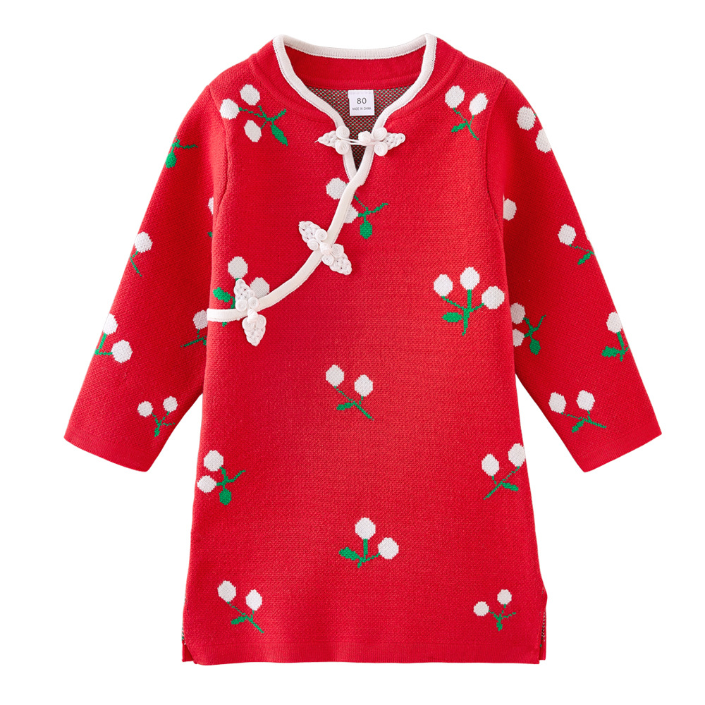 Primavera y otoño ropa de los niños festivos niñas Vestido de punto princesa vestido cheongsam invierno engrosada bebé suéter vestido al por mayor