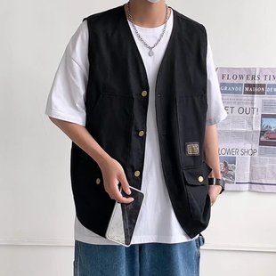 Summer thin multi-pocket workwear vest men's cotton twill fashion brand personality trendy vest coat printed LOGO