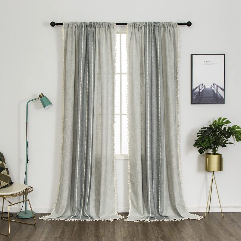 Cross-Border Fabric Art Cotton and Linen Finished Curtains Hanging Curtains Short Curtain Decorative Embroidery Thickened Stripesd Living Room Bedroom Translucent
