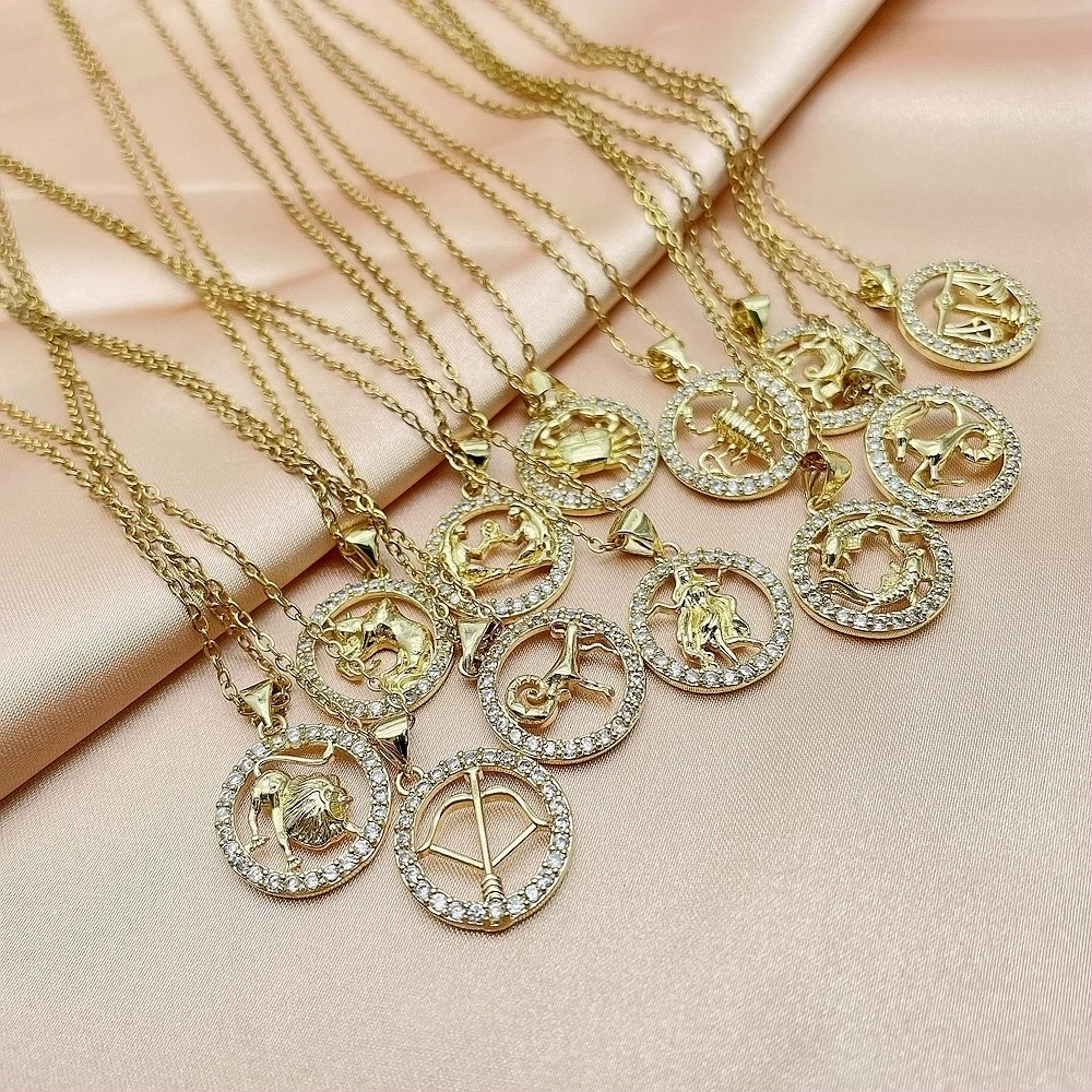Zodiac signs stainless steel, chain, fashionable necklace, universal copper pendant, European style, micro incrustation